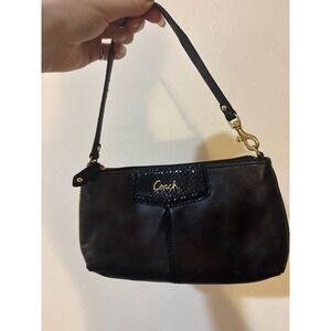 Coach Black Leather Wristlet Pouch Snake Embossed Accent Gold Logo